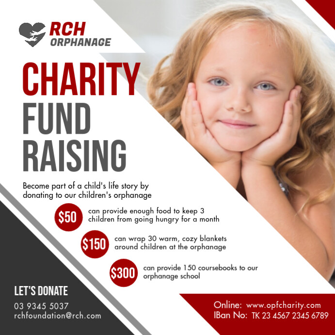 White & Red Kids Orphanage Fundraising Post Template | PosterMyWall