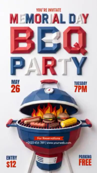White 3D Memorial Day BBQ Party Instagram Story Video template