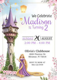 White 3d Rapunzel Birthday Invitation A4 template