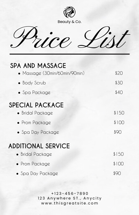 White Abstract Salon & Spa Price List  Tabloi Tabloid template