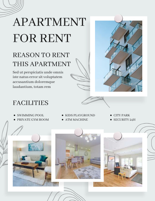 White Aesthetic Apartment  For Rent Flyer Folheto (US Letter) template