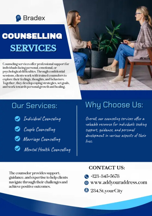White and Blue Counseling Service Flyer Template | PosterMyWall