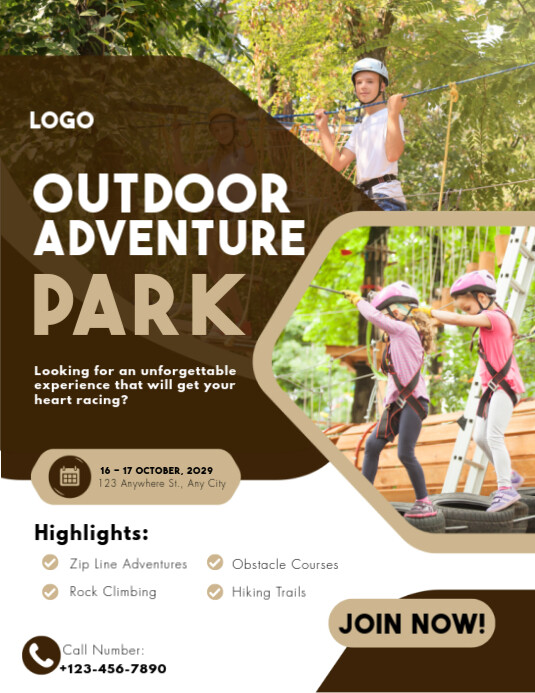 White and Brown Modern Outdoor Adventure Park Flyer Template PosterMyWall