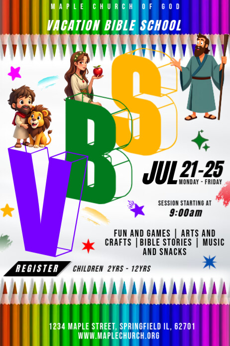White and Colorful Maximalist Vacation Bible School Poster Plakkaat template