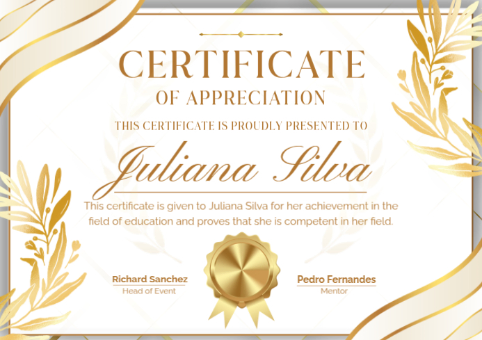 White and Gold Elegant Certificate of Appreciation Template | PosterMyWall