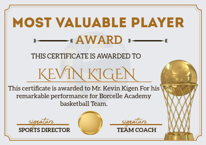 White and Gold MVP Basketball certificate A4 template