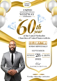 White and Gold Professional 60th Year Anniversary Church Rally Flyer Template A4
