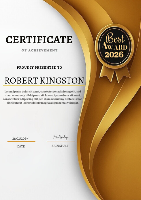 White and gold  Professional Certificate Of Achievement A4 template