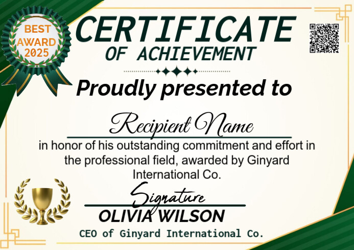 White and Green elegant certificate of Achievement A4 template