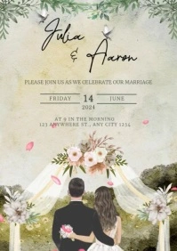 White and Green Leaves Wedding Invitation A4 template