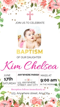 White and Pink Floral Christening Invitation Statut WhatsApp template