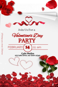 White and red floral Valentine's Day Party invitation Pinterest Graphic template