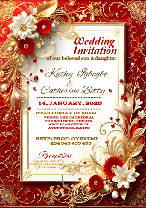 White and Red Floral Wedding Invitation Card ♦️ A5 Template | PosterMyWall