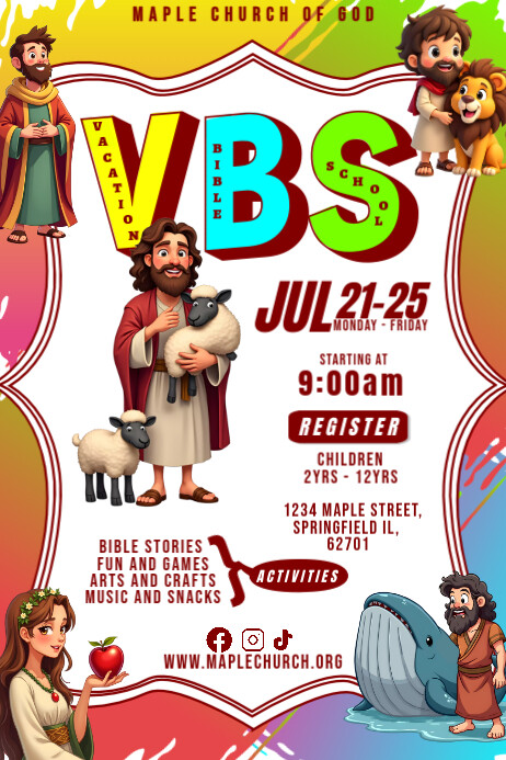 White and Vibrant Maximalist Vbs Flyer Template Poster Plakkaat