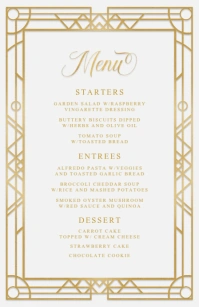 White Antique Gold Frame Wedding Menu Half Page Wide template
