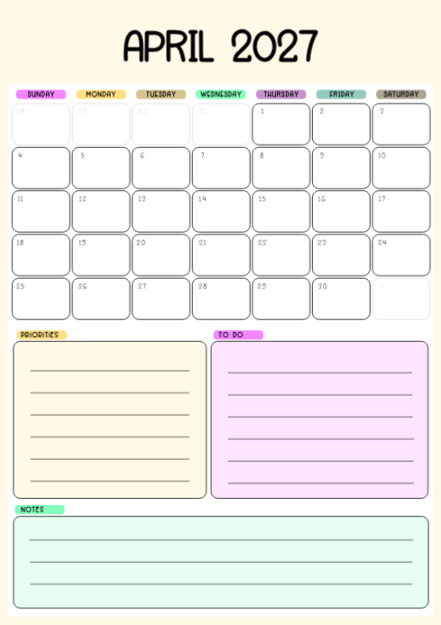 White April 2026 Monthly Planner A4 เทมเพลต | PosterMyWall