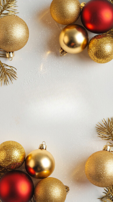 White background red and golden baubles decorations Christmas season & happy holidays greeting card WhatsApp Status template