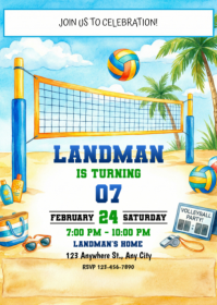 White Beach Volleyball Birthday Party A6 template