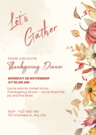 White Beige Floral Thanksgiving Dinner Invitation A6 template
