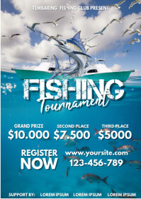 White Blue Fishing Tournament Flyer A4 Design Template