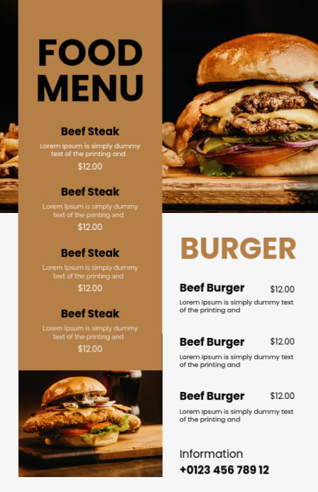 White Brown Luxury Steak & Burger Menu Tabloid template