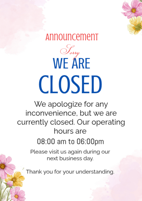 White Business Closure Announcement A4 sorry we are closed Template ...