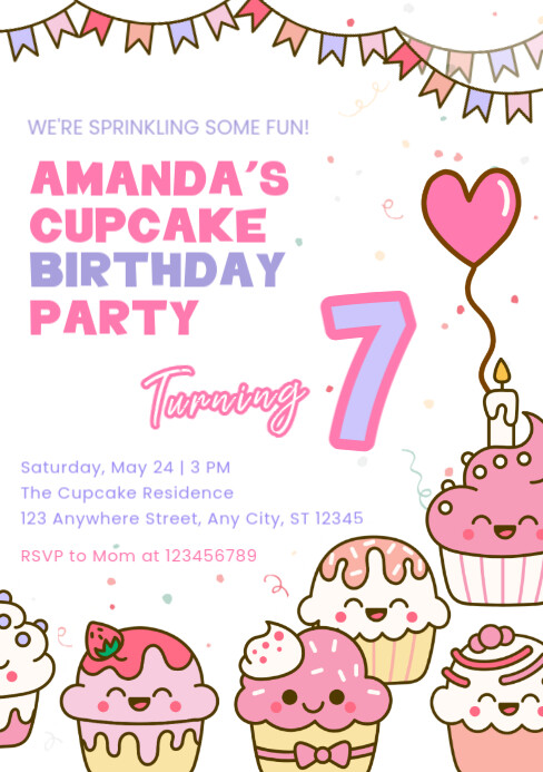 White Ceria Birthday Party Invitation Cute Cupcake Theme A5 template