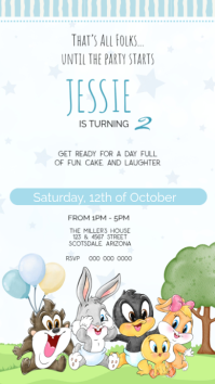 White Children's Birthday Party Digital Display Baby Looney Tunes invitation template