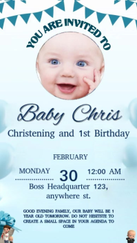 白色 Christening and 1st Birthday Invitation Digitalt display Template