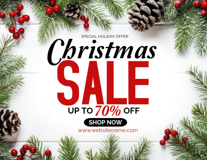 White Christmas background with flowers landscape Christmas holiday sale design, 8.5 by 11inches Flyer (US-Letter) template