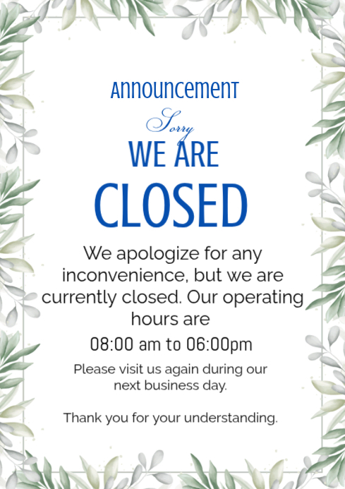 Modèle Blanc Closed Announcement A4 | PosterMyWall