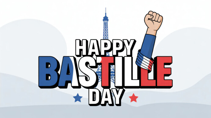 White Collage Happy Bastille Day Celebration Poster – French National Day With Eiffel Tower & Fist O Digital Display (16:9) template