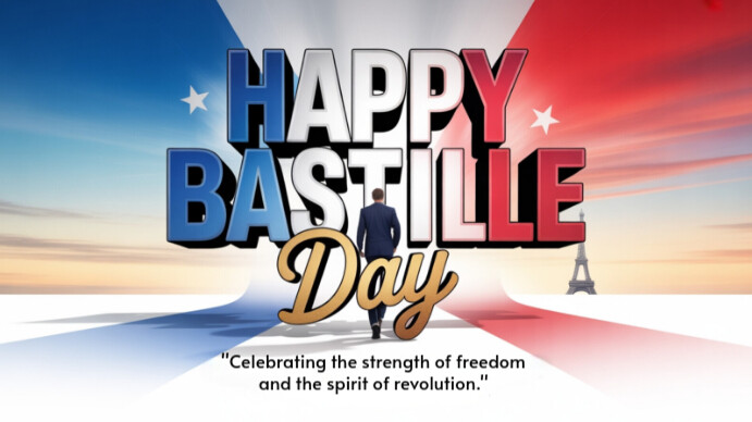 White Collage Happy Bastille Day – Celebrate France's Revolution With Iconic Eiffel Tower Design | P Digital Display (16:9) template