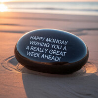 White Collage Happy Monday Motivation Stone On Beach | Positive Start To The Week Greeting Poster In template