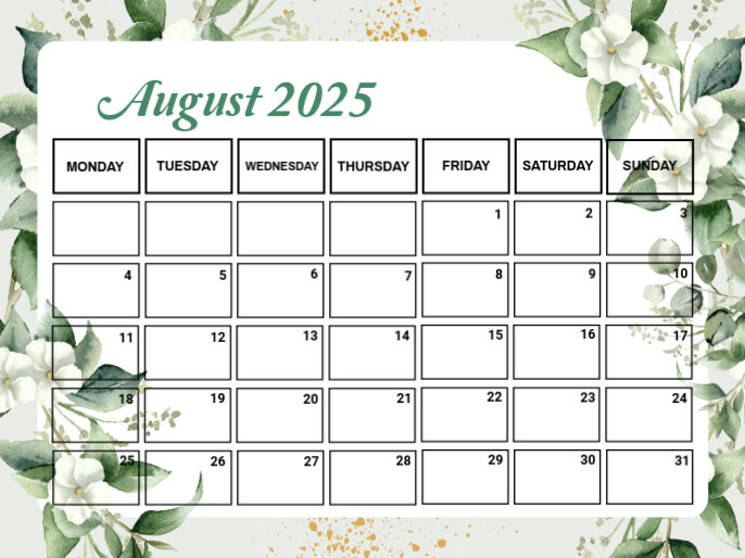 Plantilla de White Floral August Calendar Presentation | PosterMyWall