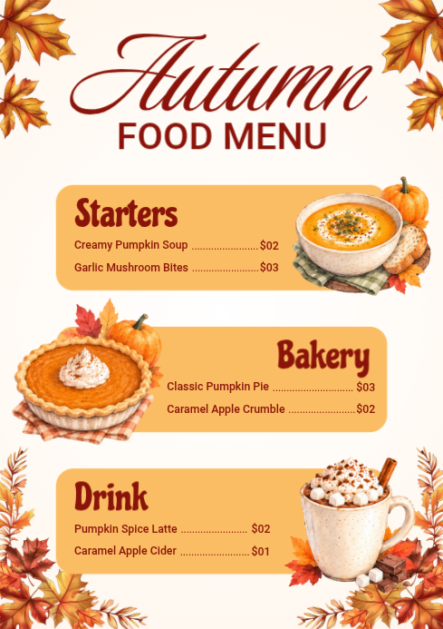 Modèle Blanc Autumn Food Menu A3 | PosterMyWall