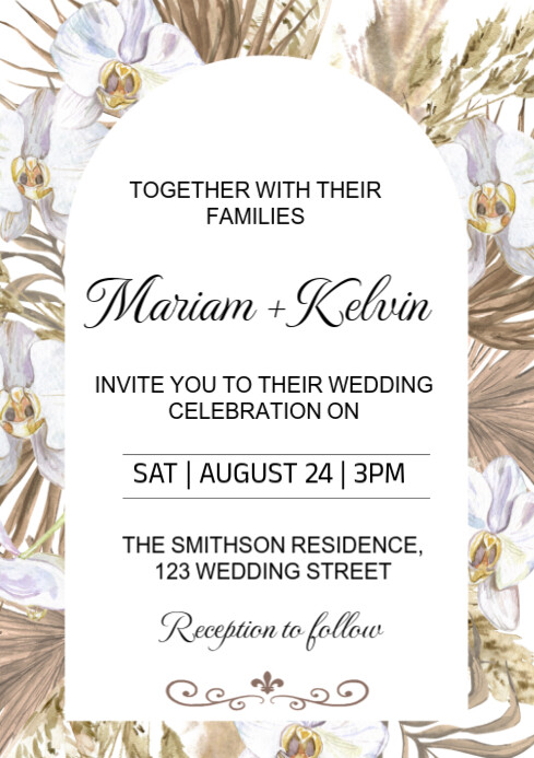 White Floral Boho Pampas Grass Wedding Invitation Template  A6 A4