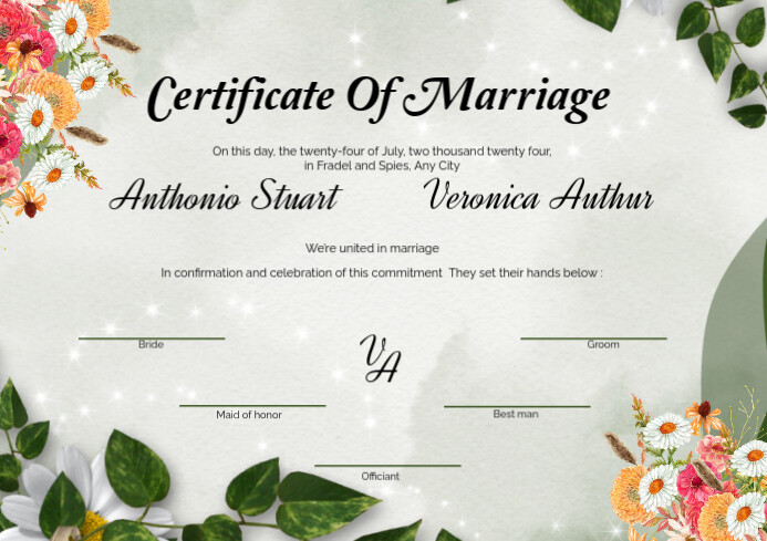 White Floral  Certificate Of Marriage A4 template