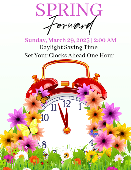 Plantilla de White Floral Daylight Saving Time Reminder Flyer ...