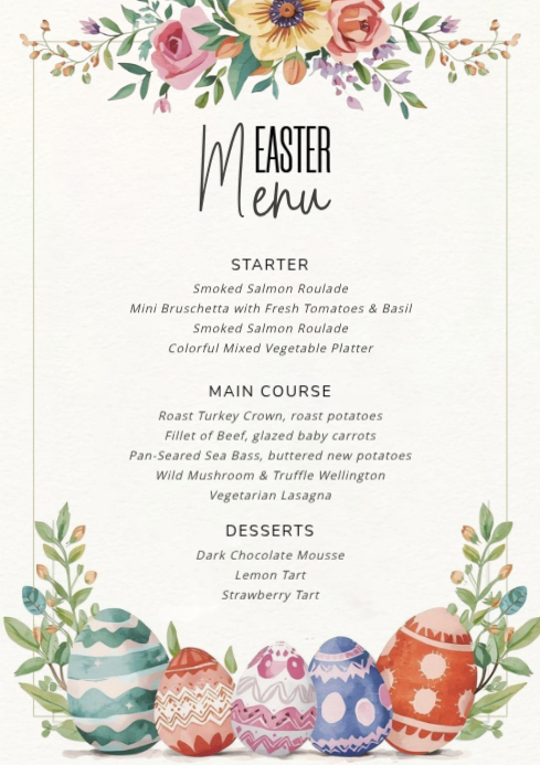 White Floral Easter Menu A4 Template | PosterMyWall