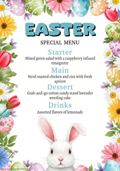 White Floral Easter Menu A4 Template | PosterMyWall