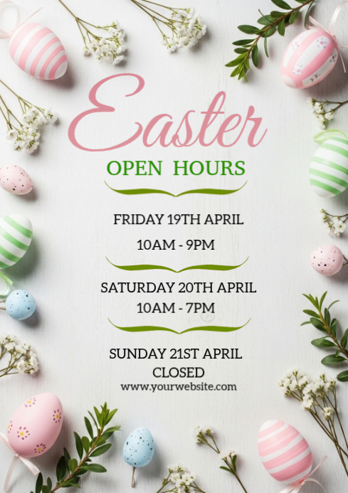Plantilla de White Floral Easter Opening Hours | PosterMyWall