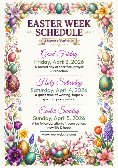 White Floral Easter Week Schedule A5 Template | PosterMyWall