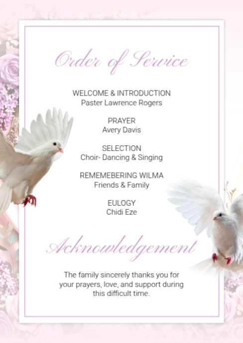 Sort B White Floral Funeral Order Of Service A6 Template | PosterMyWall