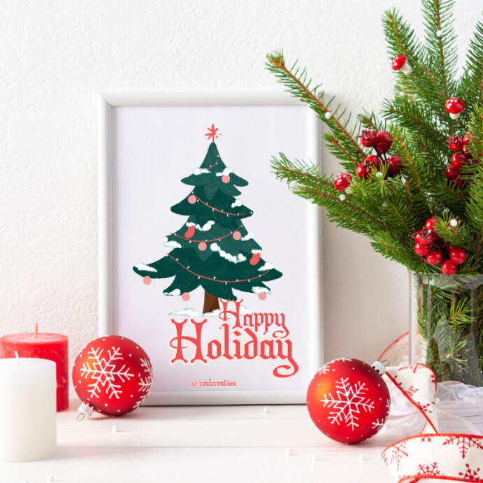 White Floral Green And Red Minimalist Christmas Wall Art Mockup Instagram Post Instagram Post template