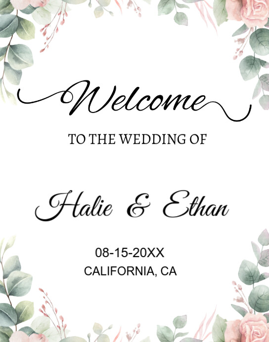 White Floral Greenery Wedding Welcome Sign Editable Template Poster/wallboard