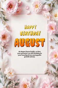 White Floral Happy Birthday August Poster Cartaz template