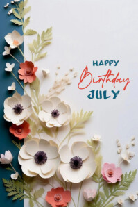 White Floral Happy Birthday July  Banner 4' × 6' template