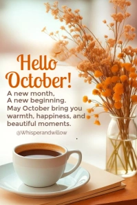 White Floral Hello October Poster template
