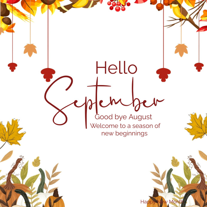 White Floral Hello September Instagram Post Templat | PosterMyWall